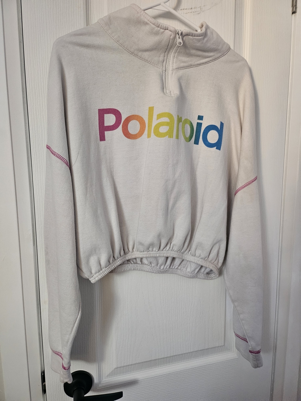 Polaroid Cream Cropped Quarter-Zip Sweater with Rainbow Logo